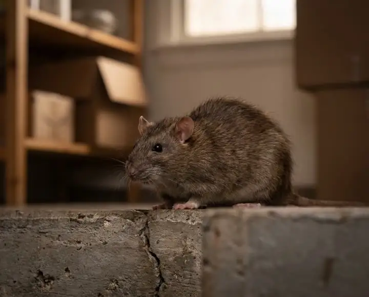 Norway rat near concrete foundation