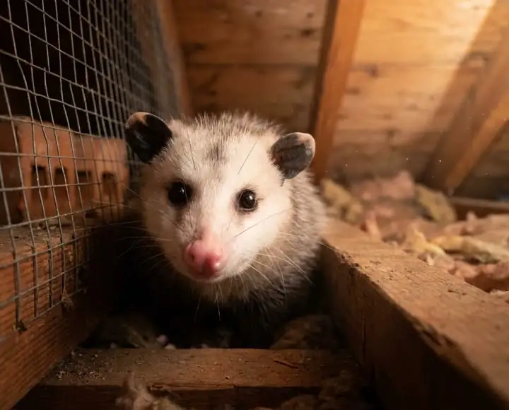 Virginia opossum in crawl space