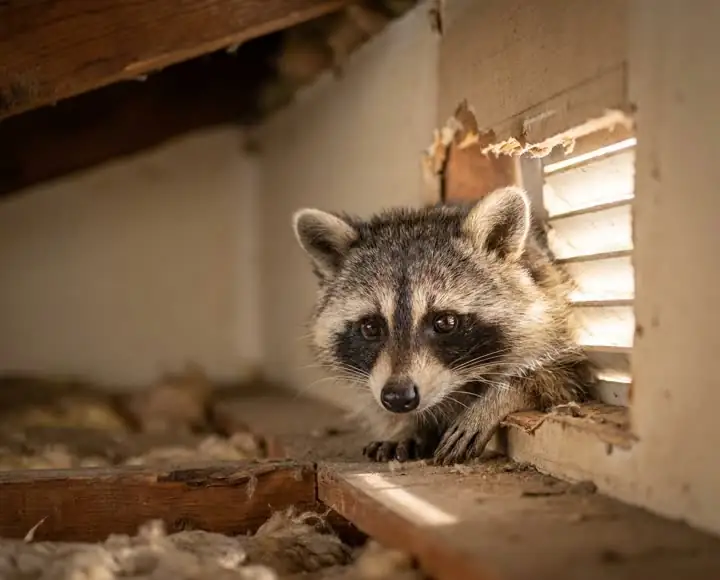 Raccoon peering from attic soffit