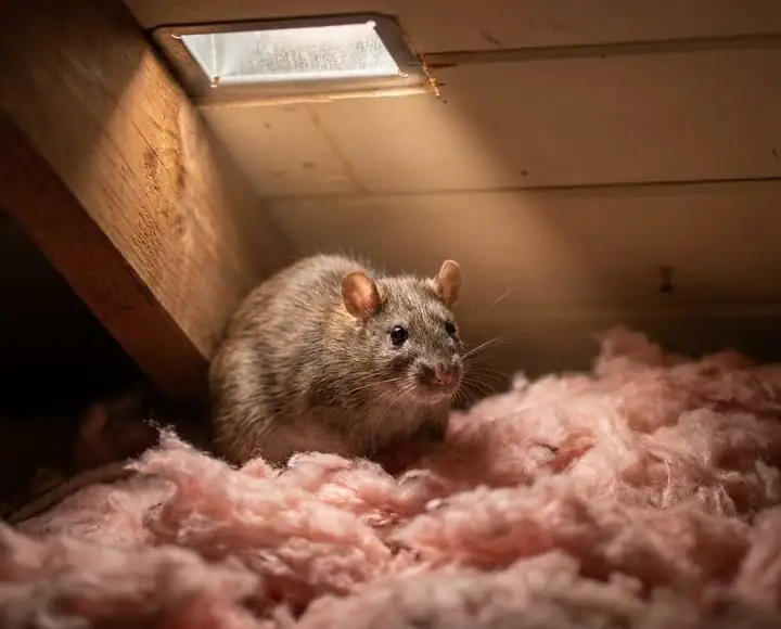 Roof rat perched on attic insulation