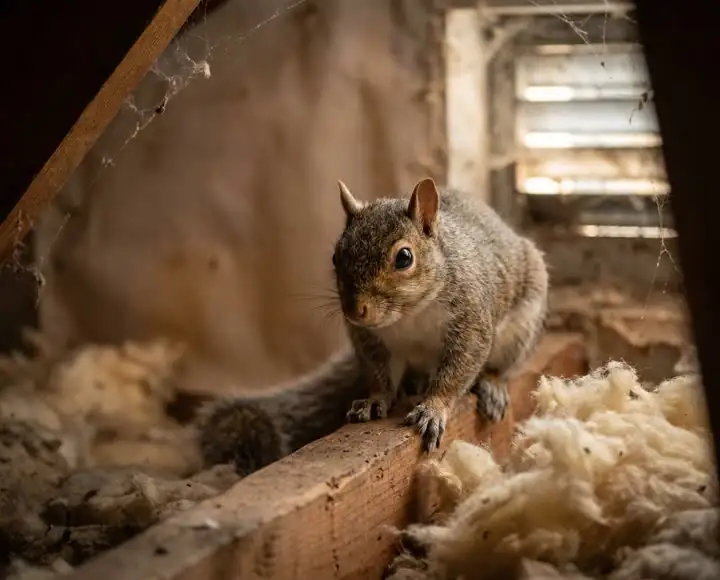 Eastern gray squirrel on attic rafter